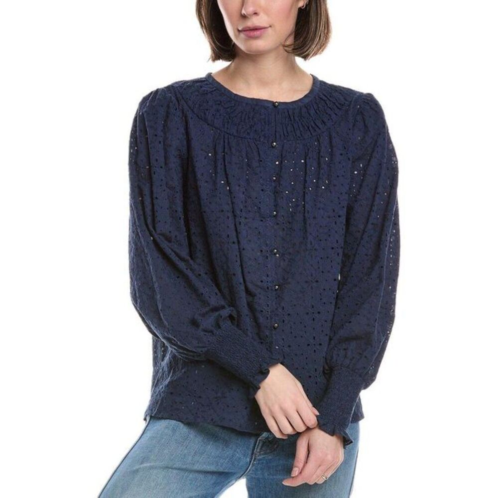 Ramy Brook Rossi Eyelet Blouse Women's M Blue Smocked Cuffs Prairie Cotton EUC